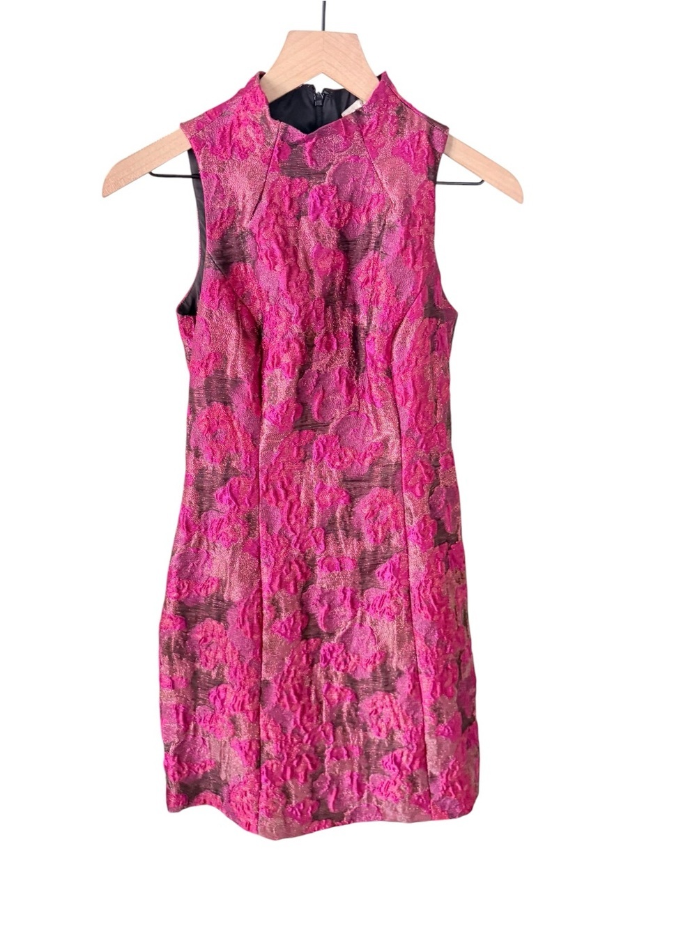 Aidan Mattox Metallic Floral Jacquard Sheath Dress Pink Magenta Mock Neck Size 2